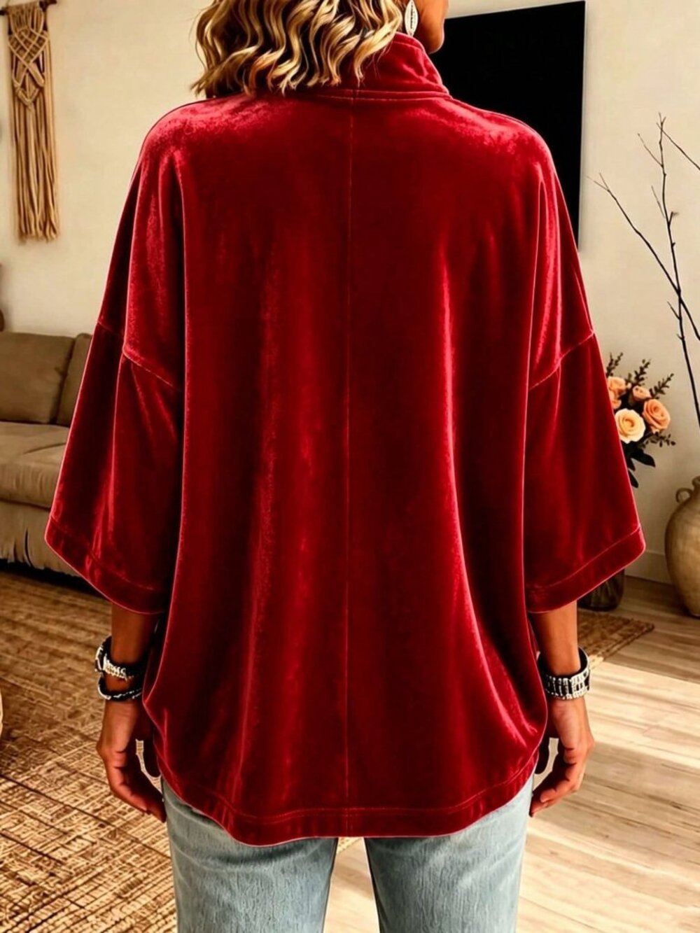 Red Sexy Casual Loose High Neck 3/4 Sleeve Pullovers - Picture 2 of 3